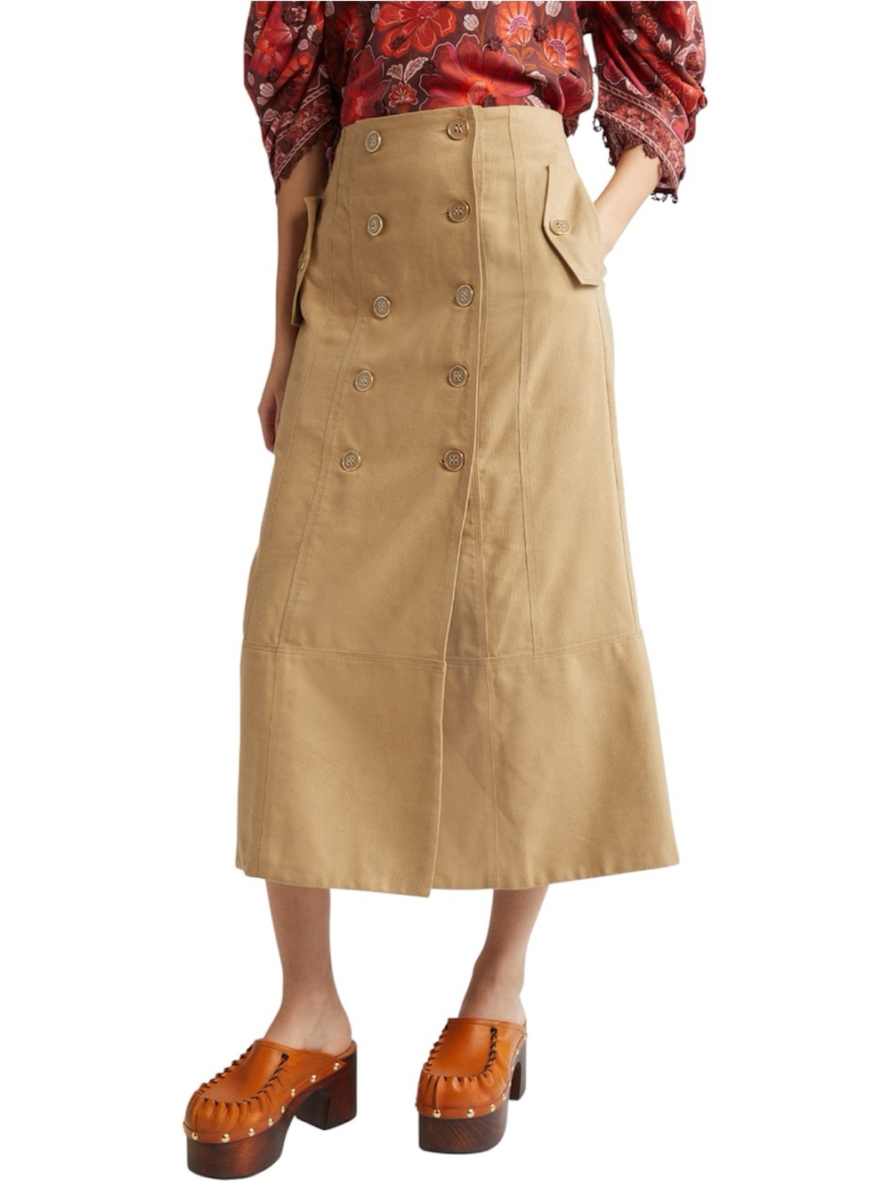 Farm Rio Khaki Tan Double Breasted Utility Button Front Midi Skirt Size Large